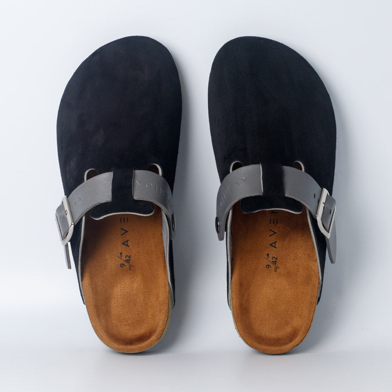 Top view of AVENION Boston Suede Clogs in Obsidian Black showing suede lining and ergonomic footbed.
