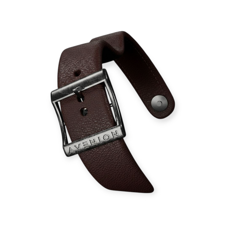 monochrome brown leather belt with silver buckle on a white background