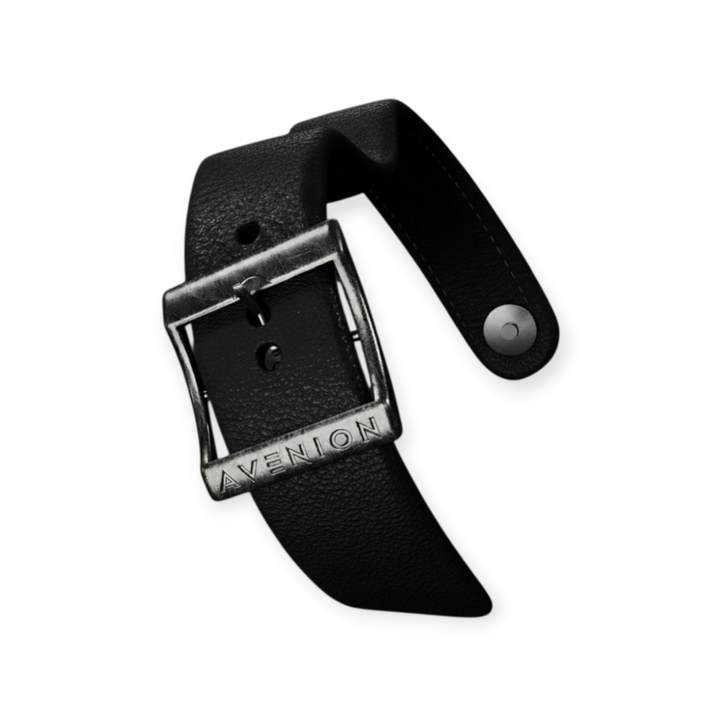 onyx black leather belt with silver buckle on a white background